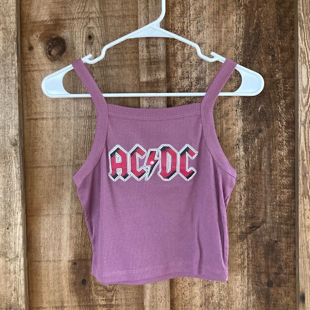 ACDC Graphic Ribbed Knit Square Neck Purple Cropped Cami Tank-top